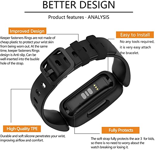 Compatible with Kids Fitbit Ace 3, Soft Silicone Waterproof Bracelet Accessory Sports Strap